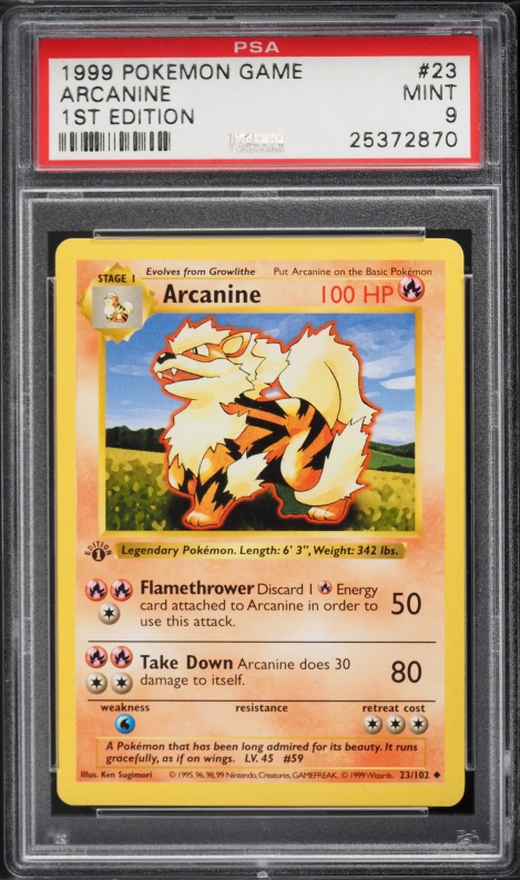 1999 Pokemon Base Set Shadowless 1st Edition Arcanine #23 PSA 9 MINT