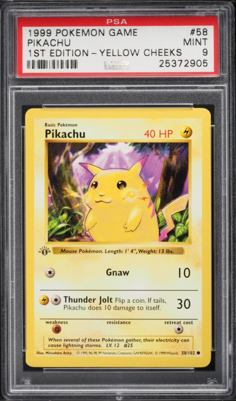 1999 Pokemon Base Set Shadowless 1st Edition Yellow Cheeks Pikachu #58 PSA 9 MINT