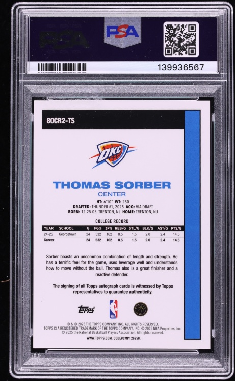 2025 Topps Chrome Silver Pack '80 Gold Thomas Sorber ROOKIE AUTO /50 #TS PSA 8 NM-MT