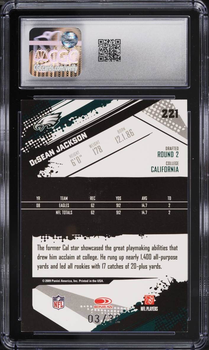 2009 Score Inscriptions Artist's Proof DeSean Jackson /32 #221 CGC 9 MINT