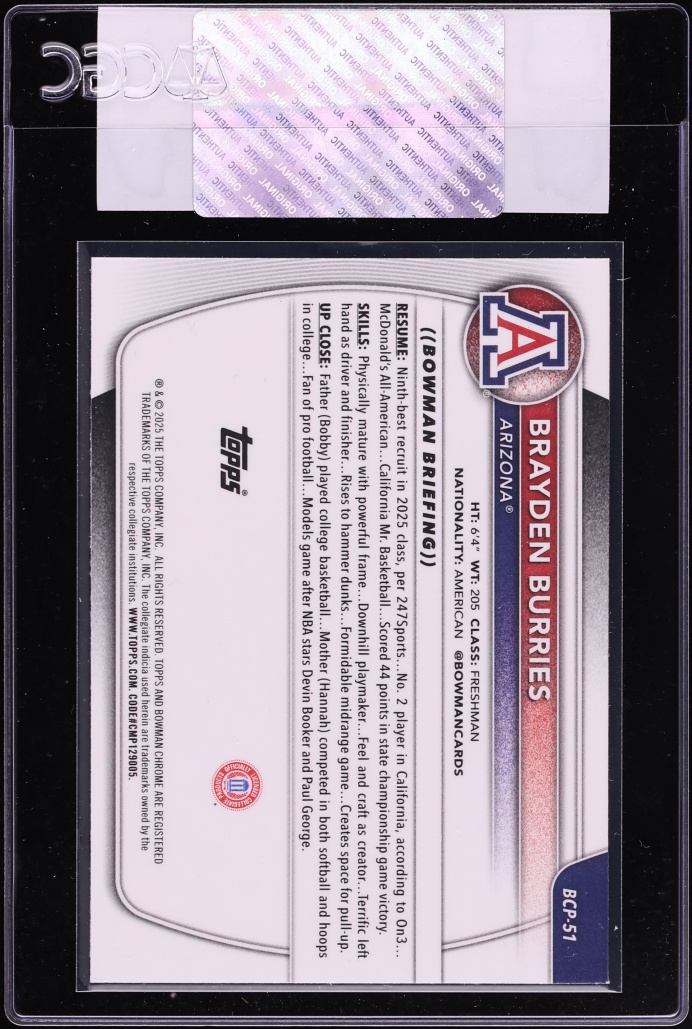 2025 Bowman Chrome Reptilian Refractor Brayden Burries PROSPECT #BCP-51 CGC AUTH
