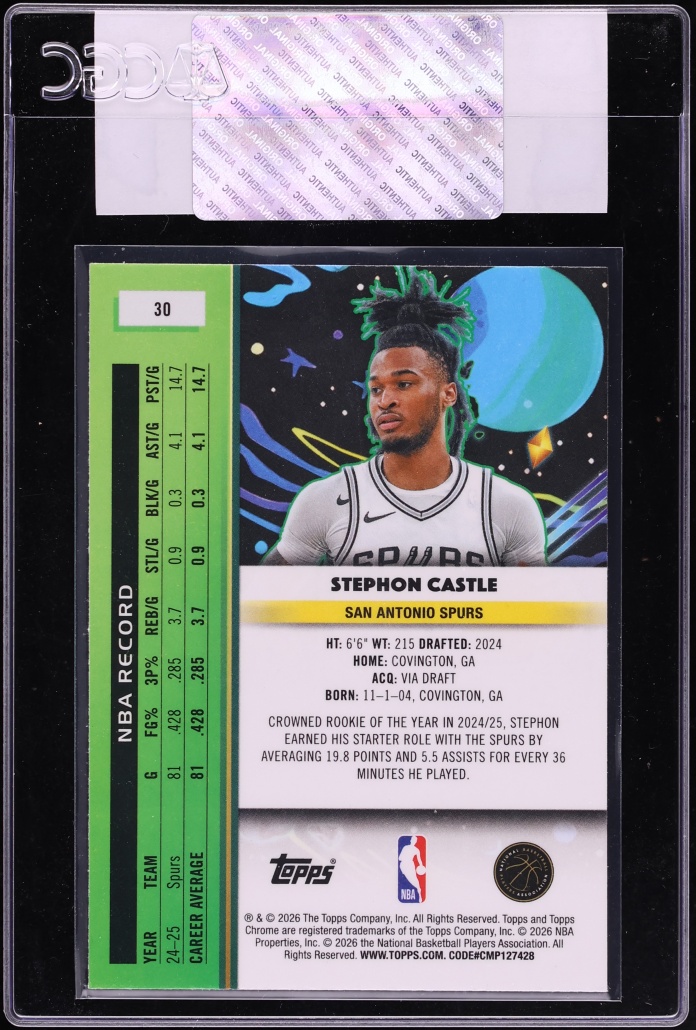 2025 Topps Chrome Cosmic Aqua Equinox Refractor Stephon Castle /199 #30 CGC AUTH