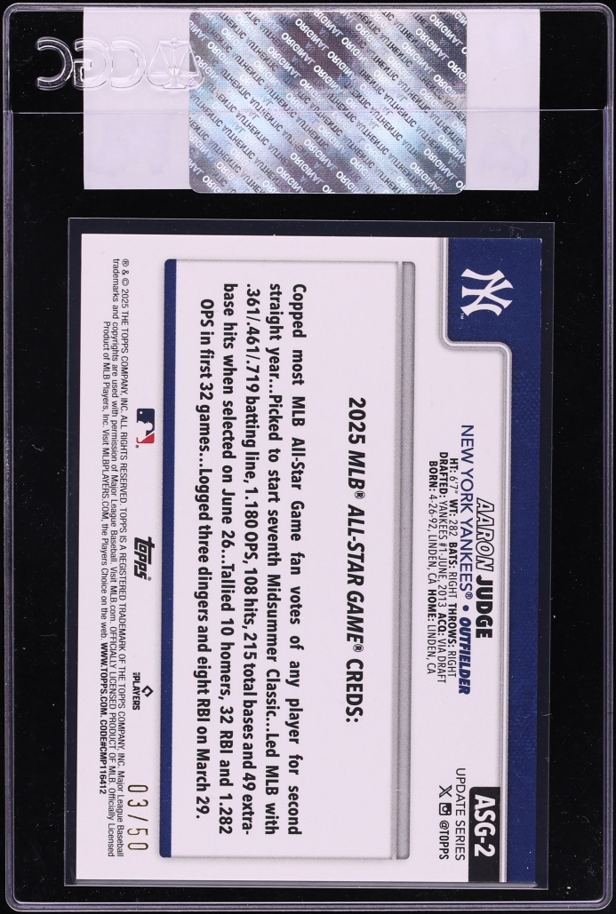 2025 Topps Update All-Star Game Gold Foil Aaron Judge /50 #ASG-2 CGC AUTH