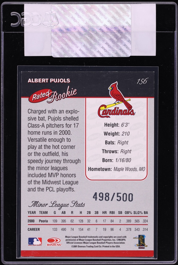 2001 Donruss Albert Pujols ROOKIE /500 #156 CGC AUTH