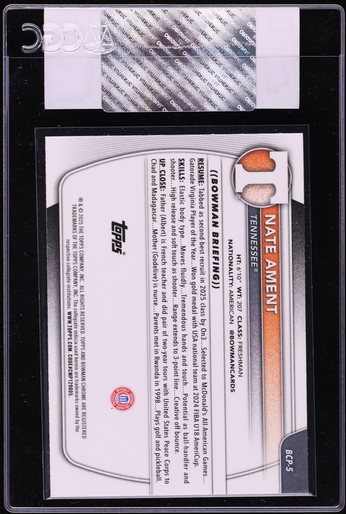 2025 Bowman Chrome Reptilian Refractor Nate Ament PROSPECT #BCP-5 CGC AUTH