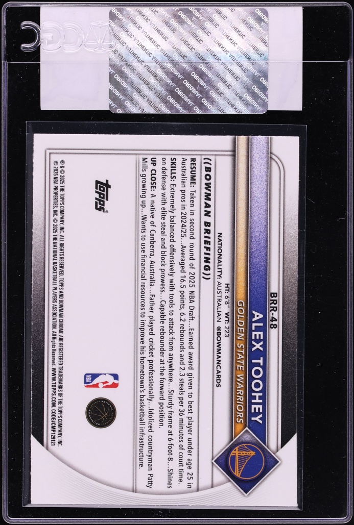 2025 Bowman Red Redemption Alex Toohey ROOKIE #BRR-48 CGC AUTH