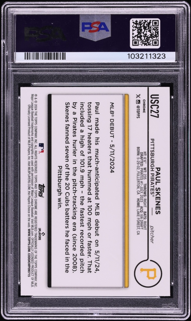 2024 Topps Chrome Update Magenta Purple Lava Lamp Paul Skenes ROOKIE /299 #USC27 PSA 10 GEM