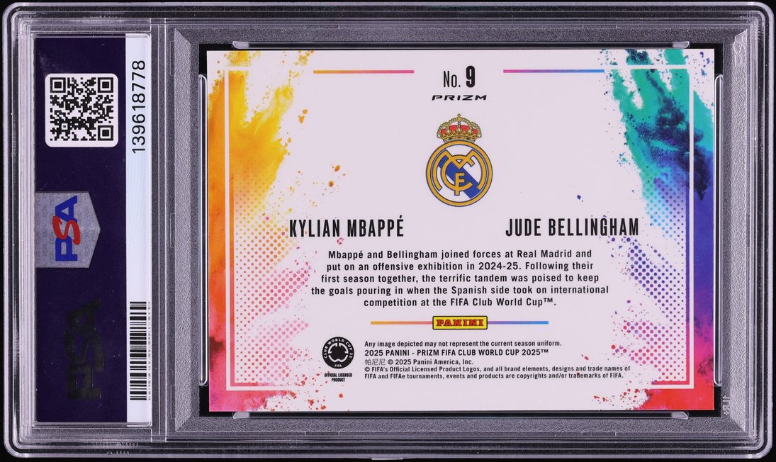 2025 Panini Prizm FIFA Club World Cup Color Blast Duals Mbappe Bellingham #9 PSA 10 GEM MINT