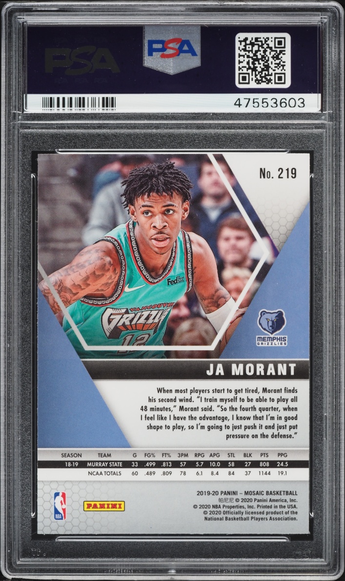 2019 Panini Mosaic Ja Morant ROOKIE #219 PSA 9 MINT