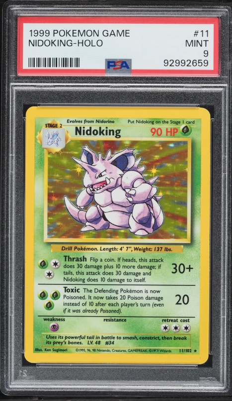 nidoking holographic pokemon card value 1999 Base Set Holo #11 PSA 10 GEM MINT on Fanatics Collect Commemorate your favorite Pokemon with this Nidoking 1999 Pokemon Base Set Shadowless Holo #11 SGC Authenticated 7.5 Card Pokemon Base Set Rare Holo