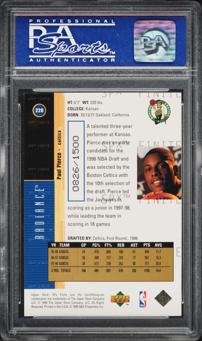 1998 SPx Finite Radiance Paul Pierce ROOKIE /1500 #220 PSA 9 MINT