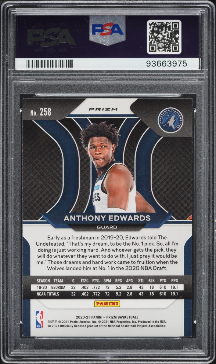 2020 Panini Prizm Silver Anthony Edwards ROOKIE #258 PSA 9 MINT