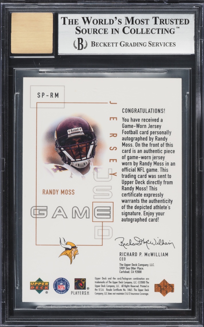 2000 Upper Deck Pros & Prospects Piece 1 Randy Moss PATCH AUTO #SP-RM BGS 9 MINT