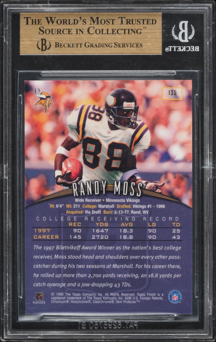 1998 Finest Football Randy Moss ROOKIE #135 BGS 10 PRISTINE