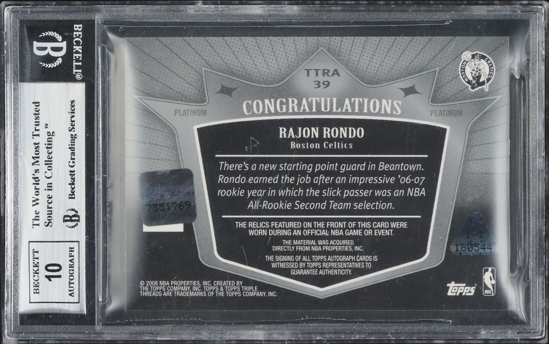 2007 Topps Triple Threads Platinum Rajon Rondo PATCH AUTO 1/1 #39 BGS 9 MINT