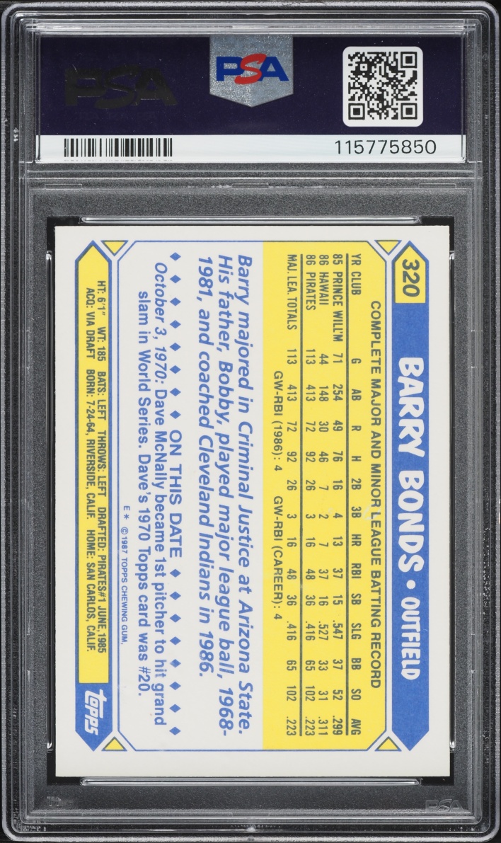 1987 Topps Tiffany Barry Bonds ROOKIE #320 PSA 10 GEM MINT