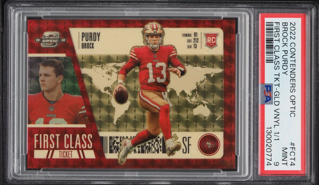 2022 Panini Contenders Optic First Class Gold Vinyl Prizm Brock Purdy ROOKIE 1/1 #FCT-4 PSA 9