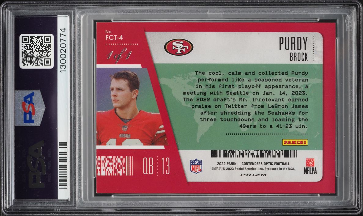 2022 Panini Contenders Optic First Class Gold Vinyl Prizm Brock Purdy ROOKIE 1/1 #FCT-4 PSA 9