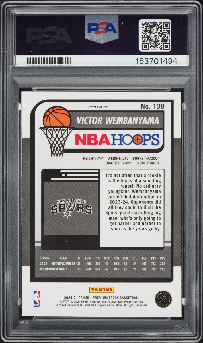 2023 Hoops Premium Stock Silver Prizm Victor Wembanyama ROOKIE #108 PSA 10 GEM MINT