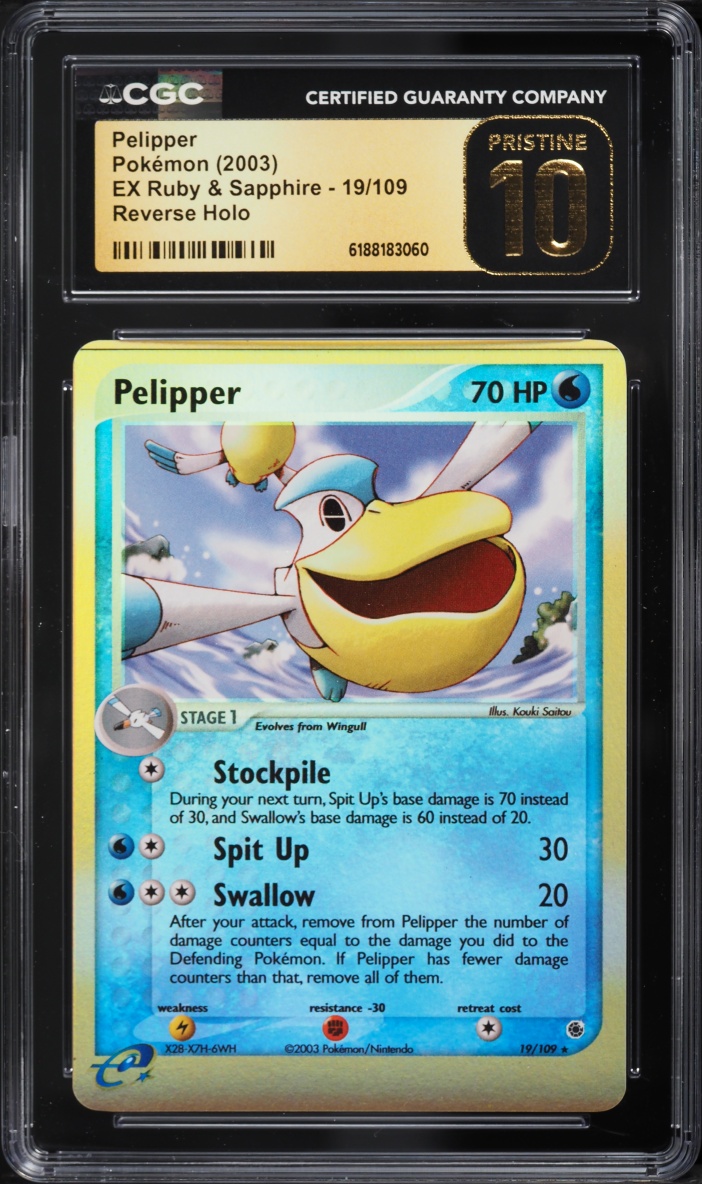 2003 Pokemon Ex Ruby & Sapphire Reverse Holo Pelipper #19 CGC 10 PRISTINE