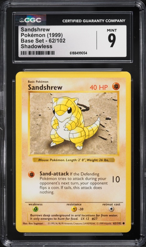 1999 Pokemon Base Set Shadowless Sandshrew #62 CGC 9 MINT
