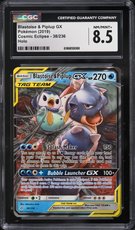 2019 Pokemon Cosmic Eclipse Holo Blastoise & Piplup GX #38 CGC 8.5 NM-MT+