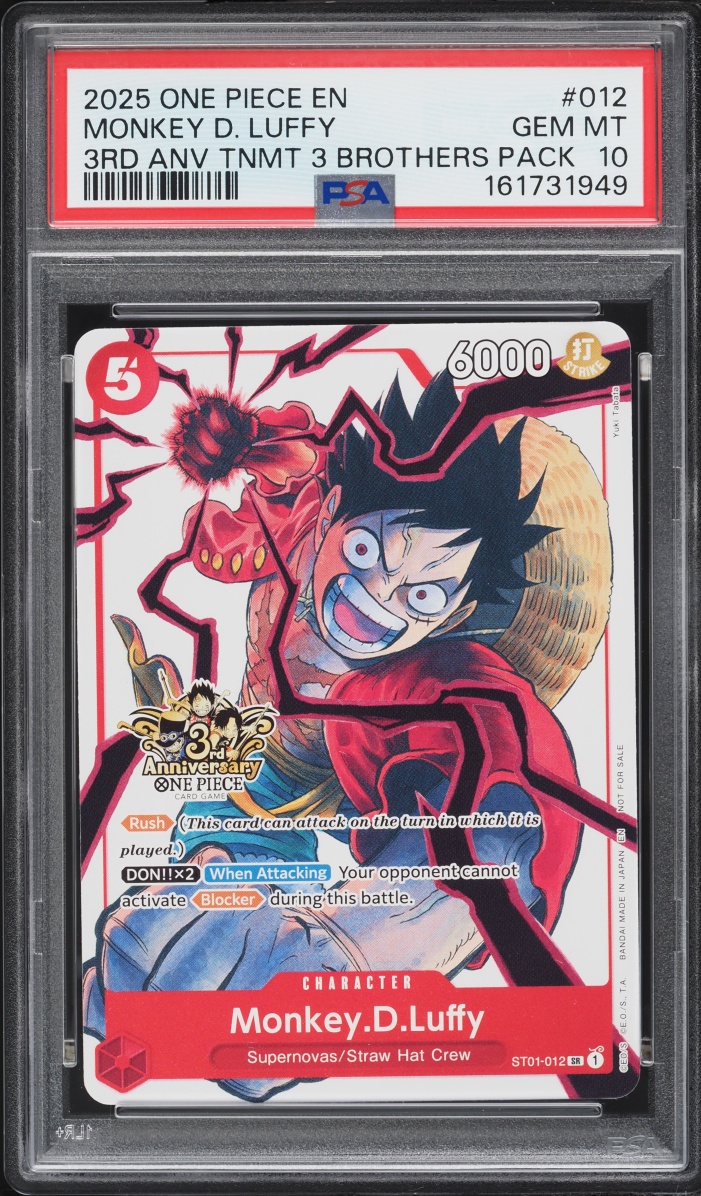2025 One Piece Promo 3rd Anniversary Tournament 3 Brothers SR Monkey D. Luffy #ST01-012 PSA 10