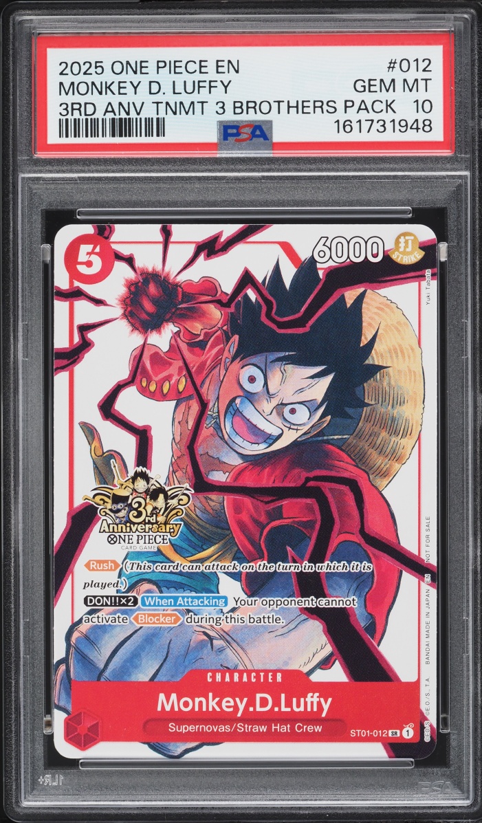 2025 One Piece Promo 3rd Anniversary Tournament 3 Brothers SR Monkey D. Luffy #ST01-012 PSA 10