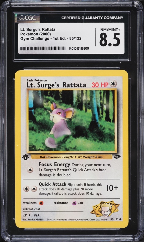 2000 Pokemon Gym Challenge 1st Edition Lt. Surge's Rattata #85 CGC 8.5 NM-MT+