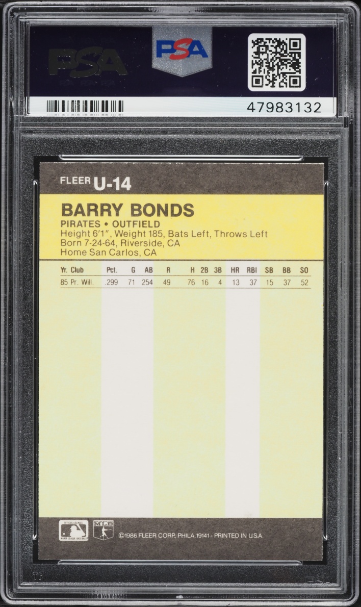 1986 Fleer Update Barry Bonds ROOKIE #U-14 PSA 9 MINT