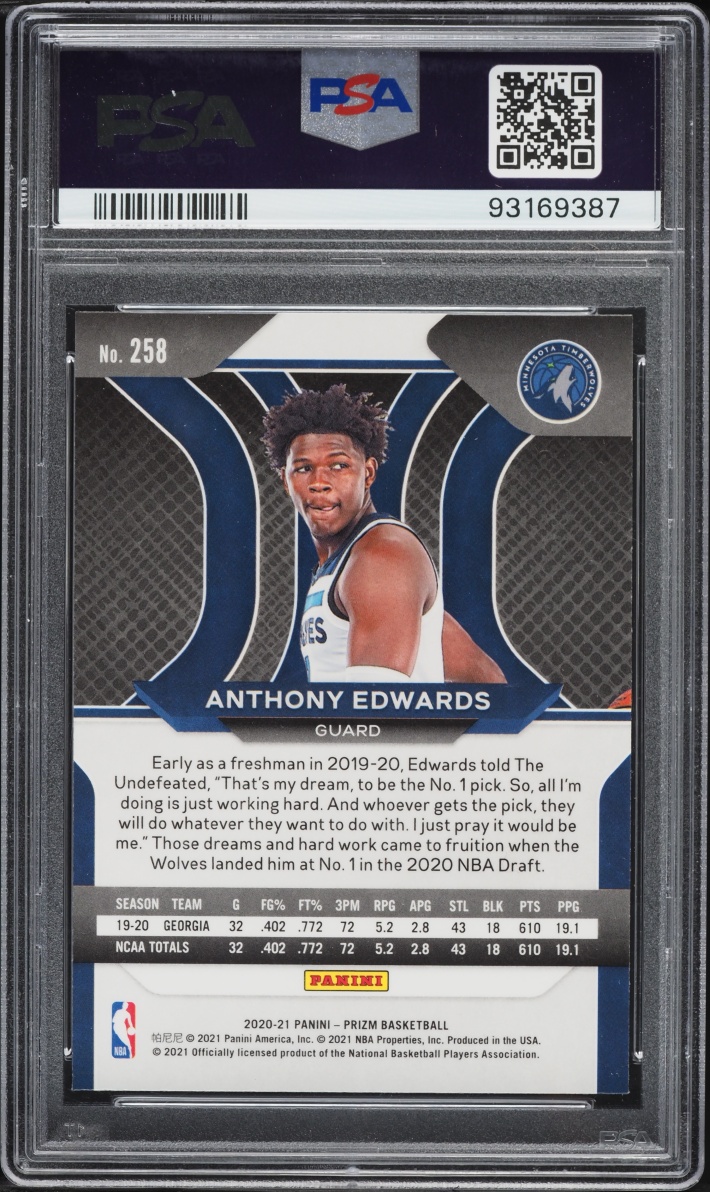 2020 Panini Prizm Anthony Edwards ROOKIE #258 PSA 10 GEM MINT