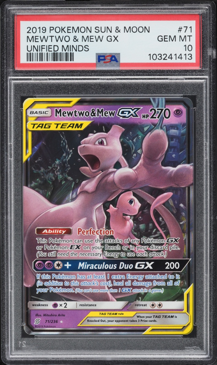 2019 Pokemon Sun & Moon Unified Minds Mewtwo & Mew GX #71 PSA 10 GEM MINT