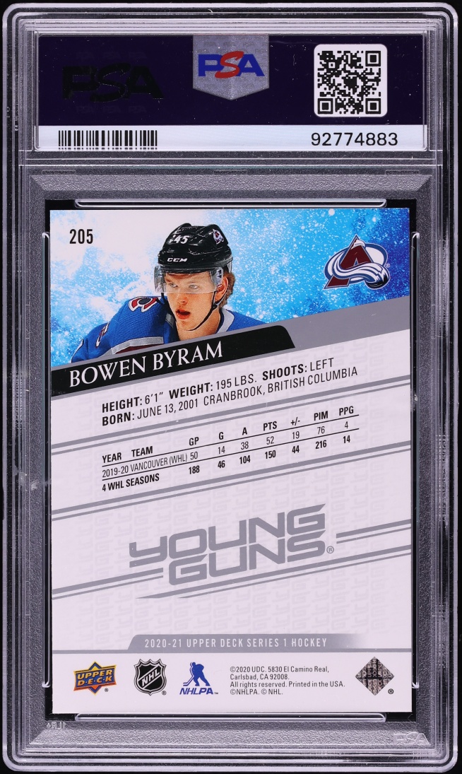 2020 Upper Deck Young Guns Bowen Byram ROOKIE #205 PSA 9 MINT