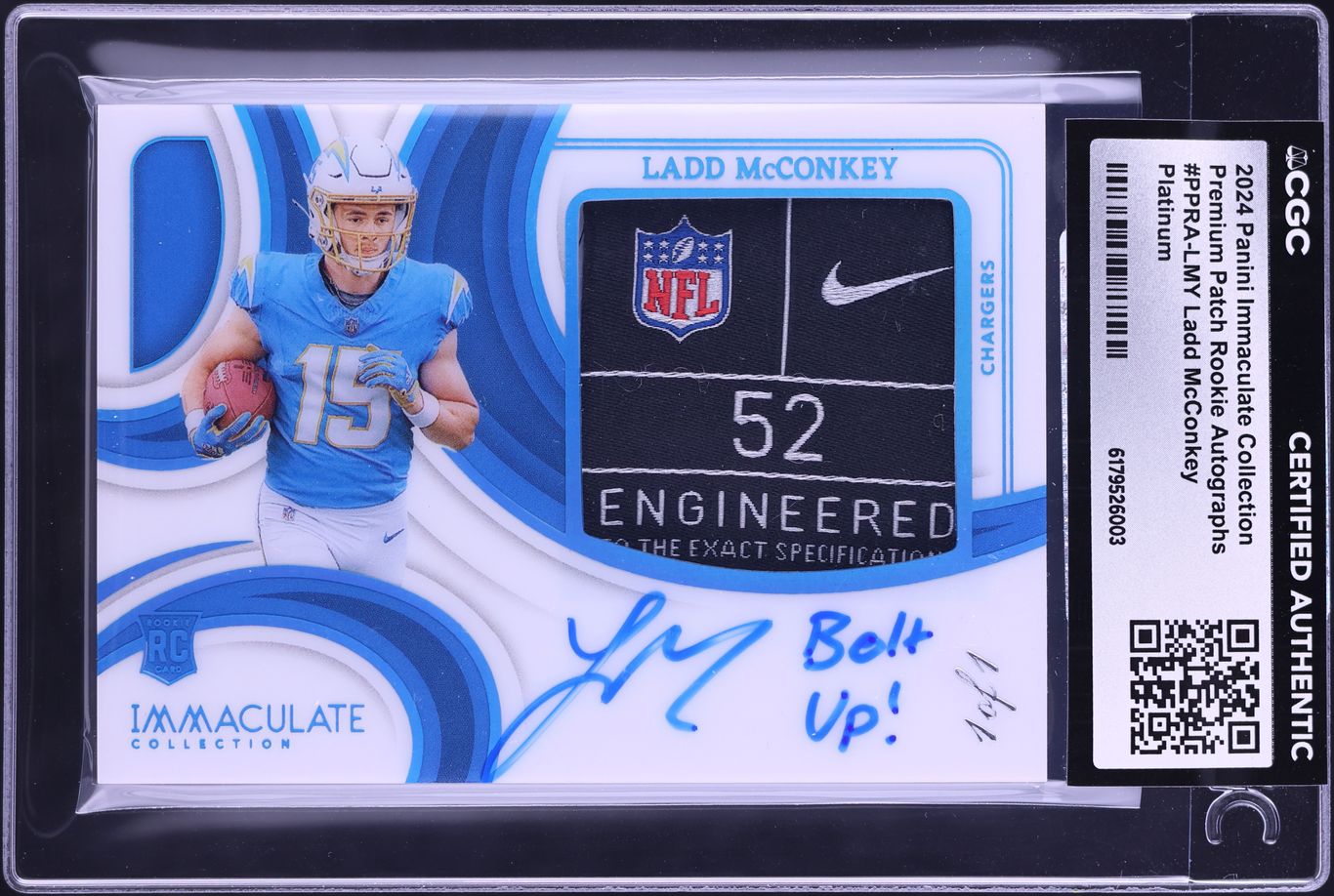 2024 Immaculate Collection Premium Platinum Ladd McConkey ROOKIE PATCH AUTO 1/1 #LMY CGC AUTH