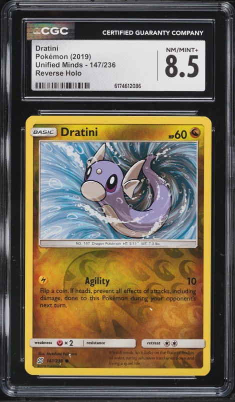 2019 Pokemon Sun & Moon Unified Minds Reverse Holo Dratini #147 CGC 8.5 NM-MT+