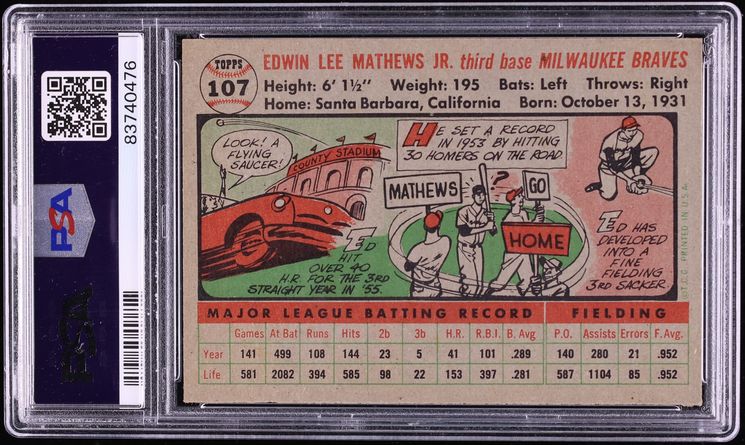 1956 Topps Eddie Mathews GRAY BACK #107 PSA 7 NRMT
