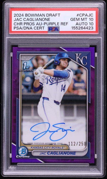 2024 Bowman Chrome Draft Purple Refractor Jac Caglianone PROSPECT AUTO DNA 10 /250 PSA 10