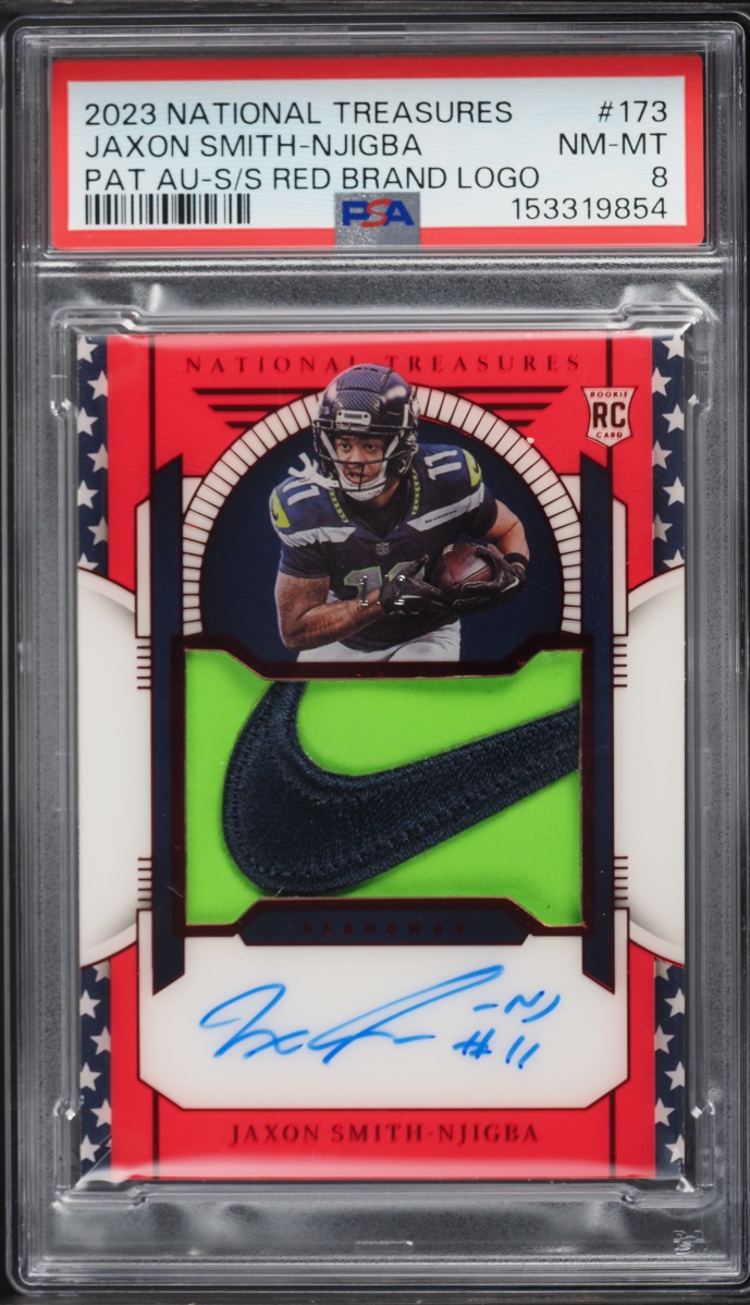 2023 National Treasures S & S Red Brand Logo Jaxon Smith-Njigba ROOKIE PATCH AUTO /2 #173 PSA 8