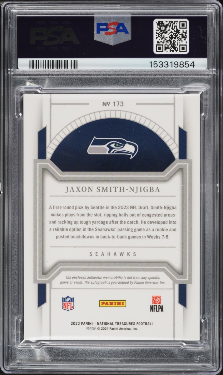 2023 National Treasures S & S Red Brand Logo Jaxon Smith-Njigba ROOKIE PATCH AUTO /2 #173 PSA 8