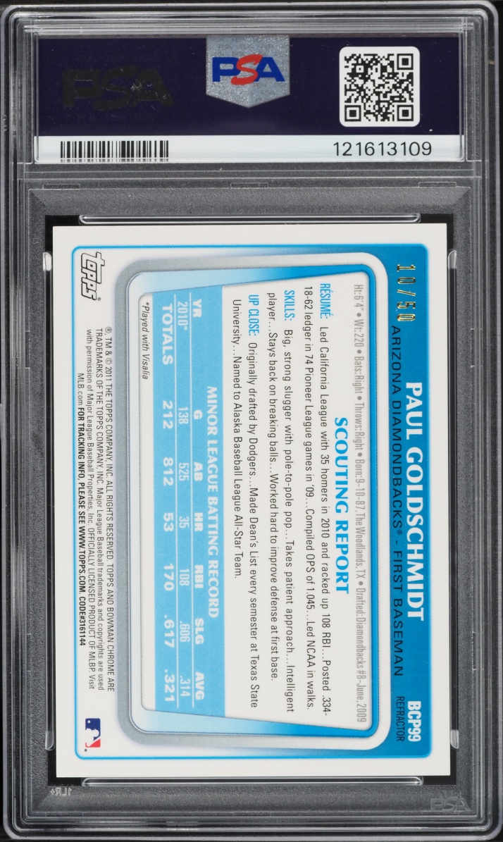 2011 Bowman Chrome Gold Refractor Paul Goldschmidt PROSPECT /50 #BCP99 PSA 9 MINT