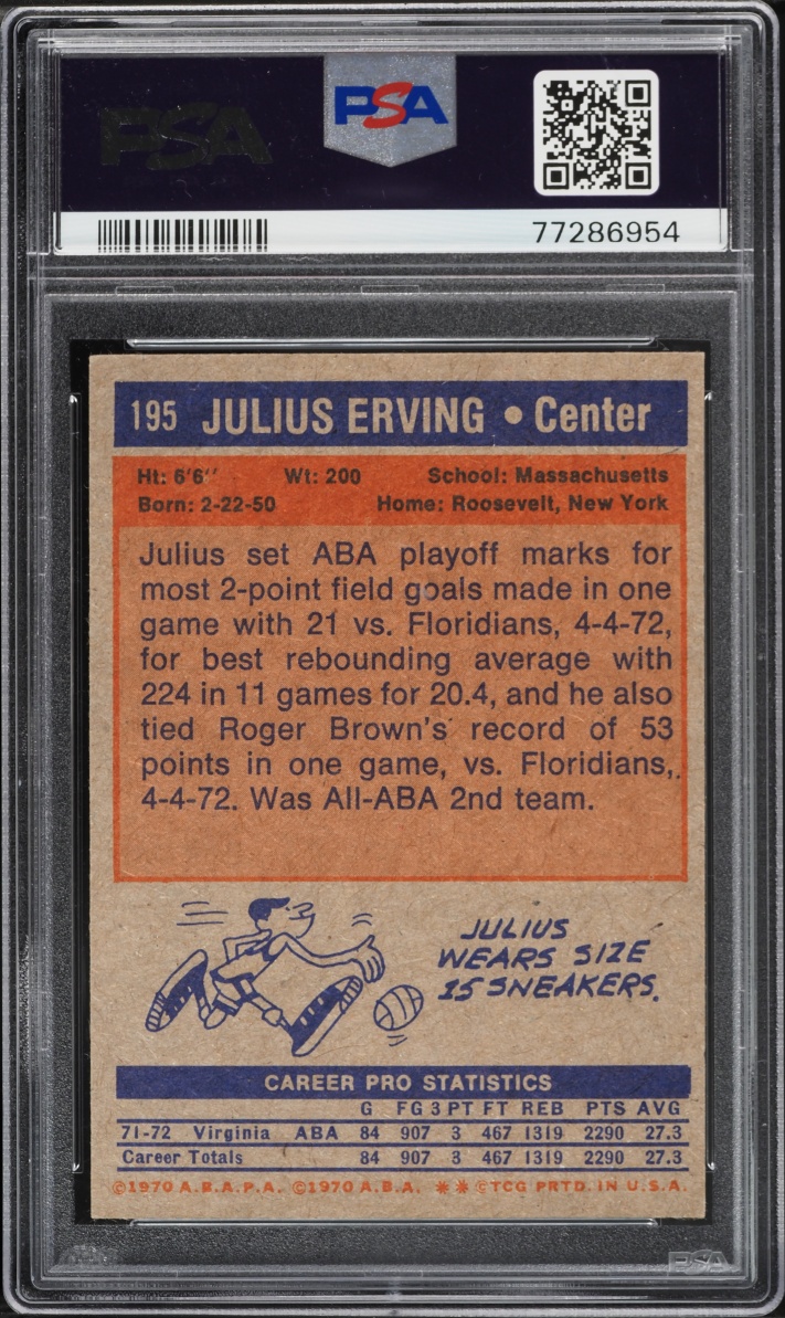 1972 Topps Basketball Julius Erving ROOKIE #195 PSA 6 EXMT