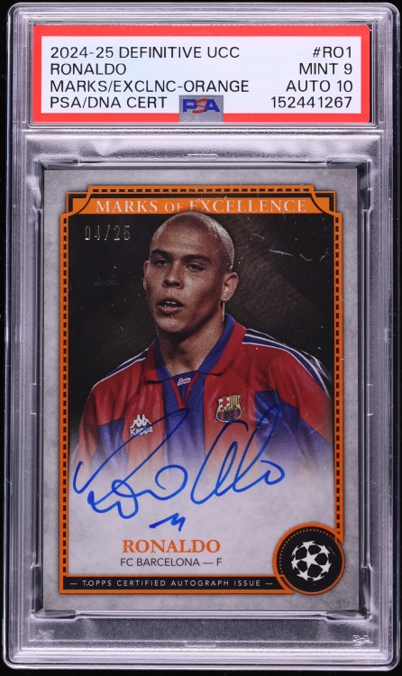 2024 Topps Definitive Collection UEFA CC Marks Excellence Orange Ronaldo AUTO DNA 10 /26 PSA 9