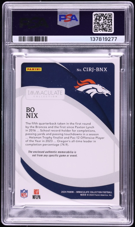 2024 Immaculate Collection Clearly Jerseys Bo Nix ROOKIE PATCH 1/1 #CIRJ-BNX PSA 8 NM-MT