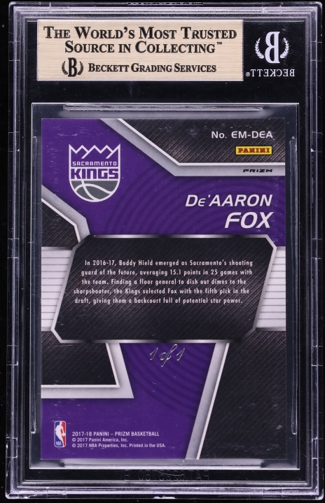 2017 Panini Prizm Emergent Black De'aaron Fox 1/1 #5 BGS 9.5 GEM MINT