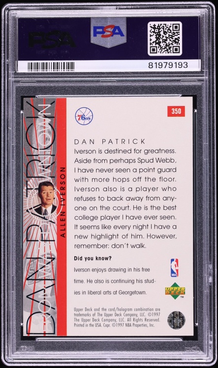 1996 Upper Deck Basketball Allen Iverson ROOKIE #350 PSA 10 GEM MINT