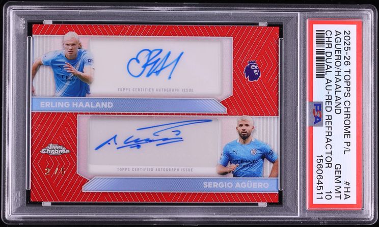 2025 Topps Chrome Premier League Chrome Dual Red Refractor Haaland Aguero AUTO /5 #HA PSA 10