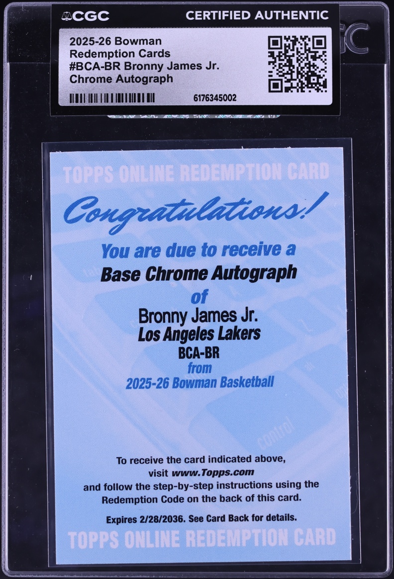 2025 Bowman Chrome Redemption Cards Bronny James Jr. AUTO #BCA-BR CGC AUTH