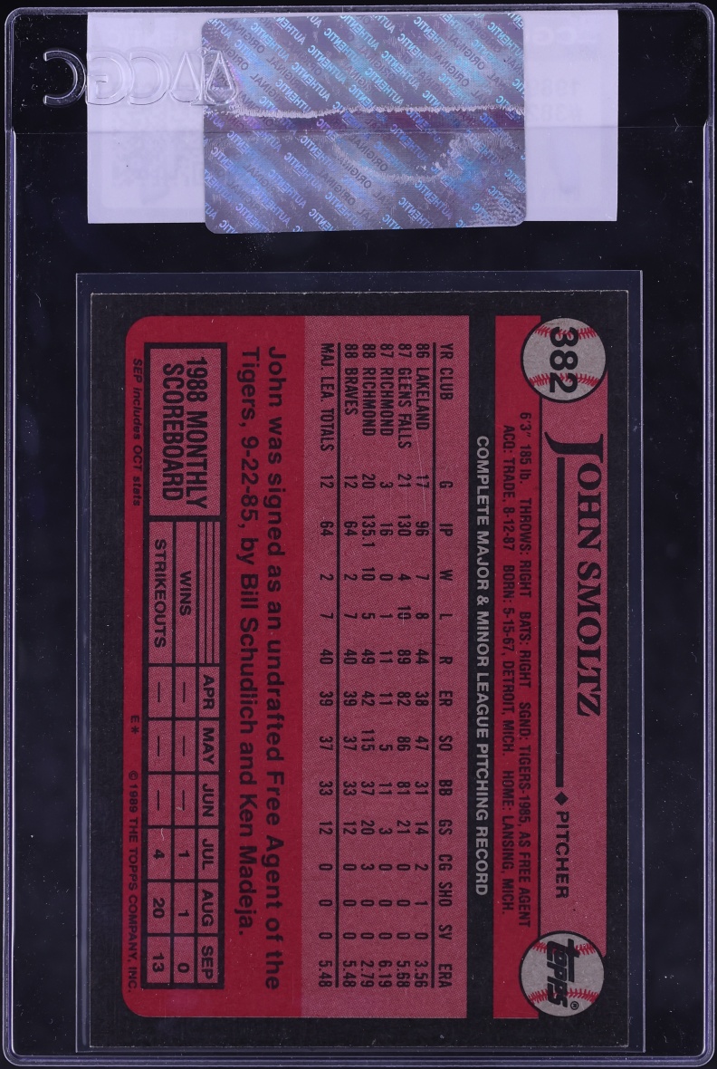1989 Topps John Smoltz ROOKIE #382 CGC AUTH