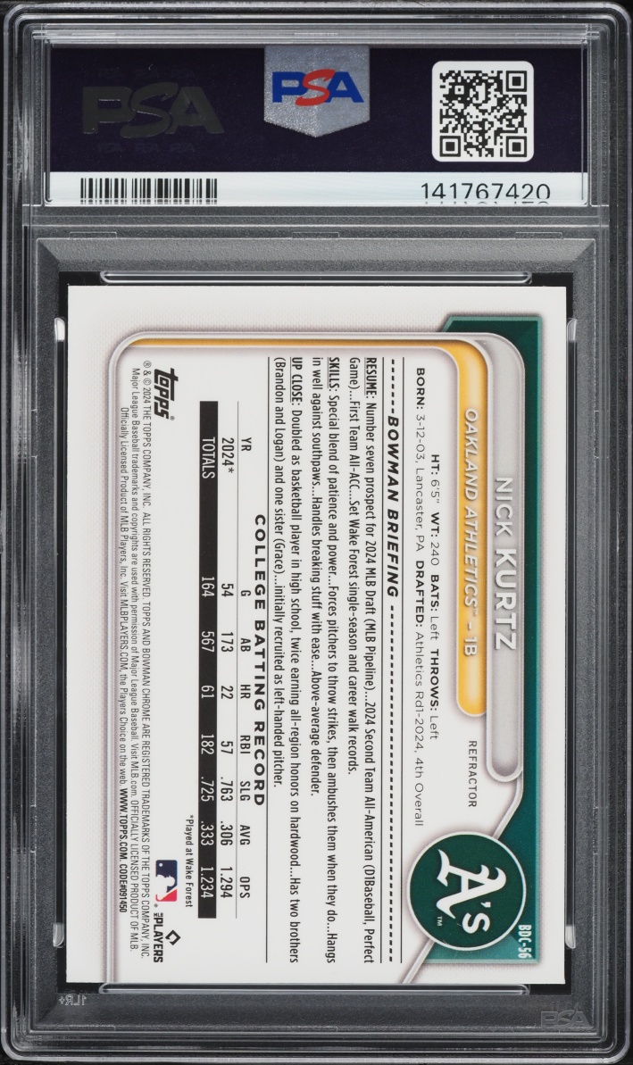 2024 Bowman Chrome Draft Refractor Nick Kurtz PROSPECT #BDC-56 PSA 9 MINT