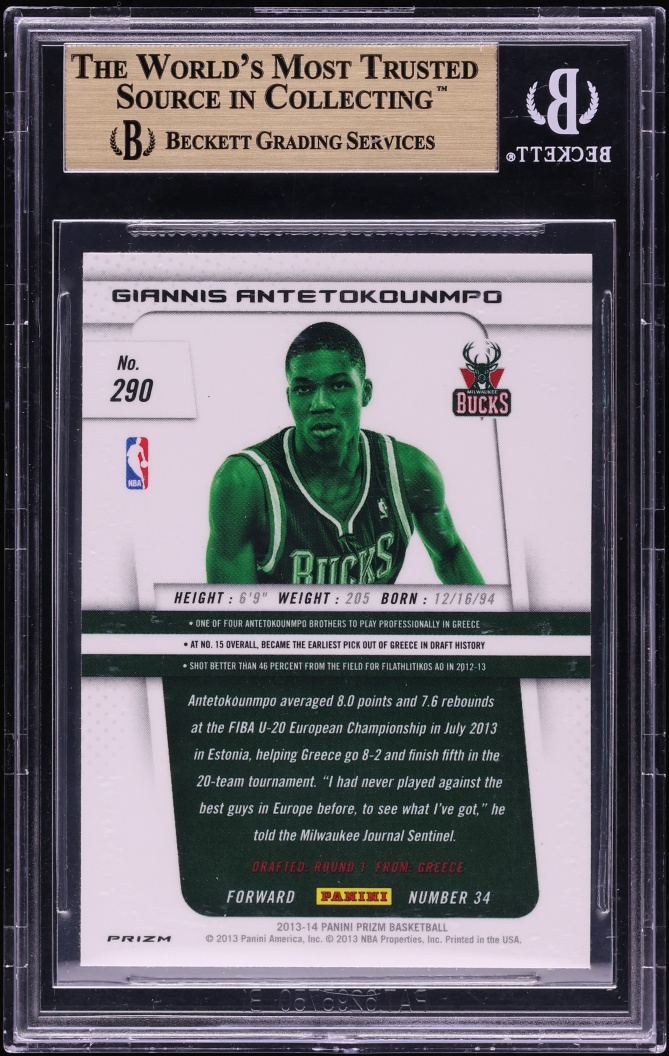 2013 Panini Prizm Silver Giannis Antetokounmpo ROOKIE #290 BGS 9.5 GEM MINT
